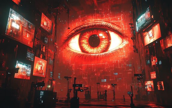 Massive glowing eye watching from a digital grid, surrounded by surveillance cameras and encrypted data streams, symbolizing the concept of Big Brother in the digital age