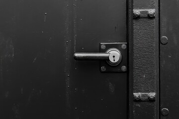 Black safe door with lock on white wall. 