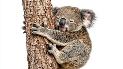 Obraz premium A baby koala clinging to a eucalyptus tree, with a sleepy look, on a white isolated background