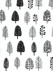 Black and white botanical prints featuring various trees