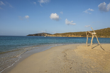 Aerial view of Tuerredda bay with the beach of fine sand and transparent blue and turquoise water
