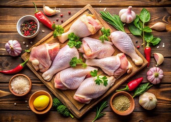 Raw Chicken Parts: Fillet, Wings, Thighs, Feet & Drumsticks on Cutting Board - Top View