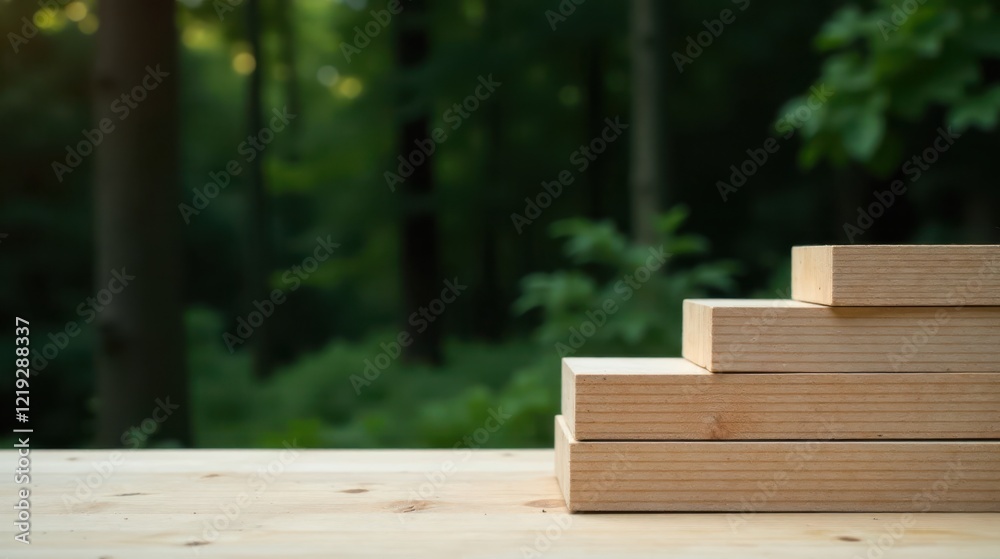 Poster natural wooden blocks arranged in a step-like formation on a wooden surface with a blurred forest ba