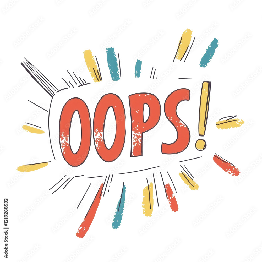 Poster A stylized graphic design featuring the word Oops with an exclamation mark, surrounded by colorful rays.