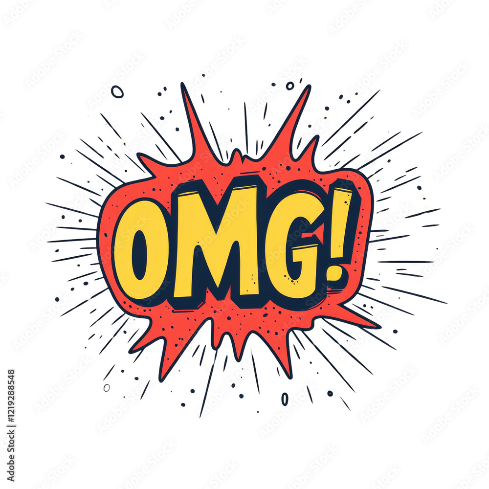 Poster a stylized comic book style omg exclamation within a red speech bubble with radiating lines.