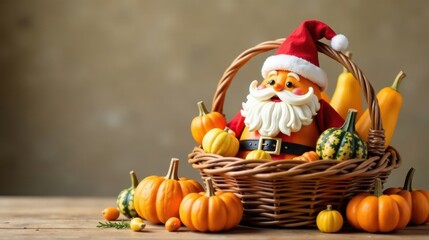 A festive autumnal scene featuring a whimsical Santa Claus gourd nestled amongst a bountiful harvest of miniature pumpkins in a rustic woven basket.
