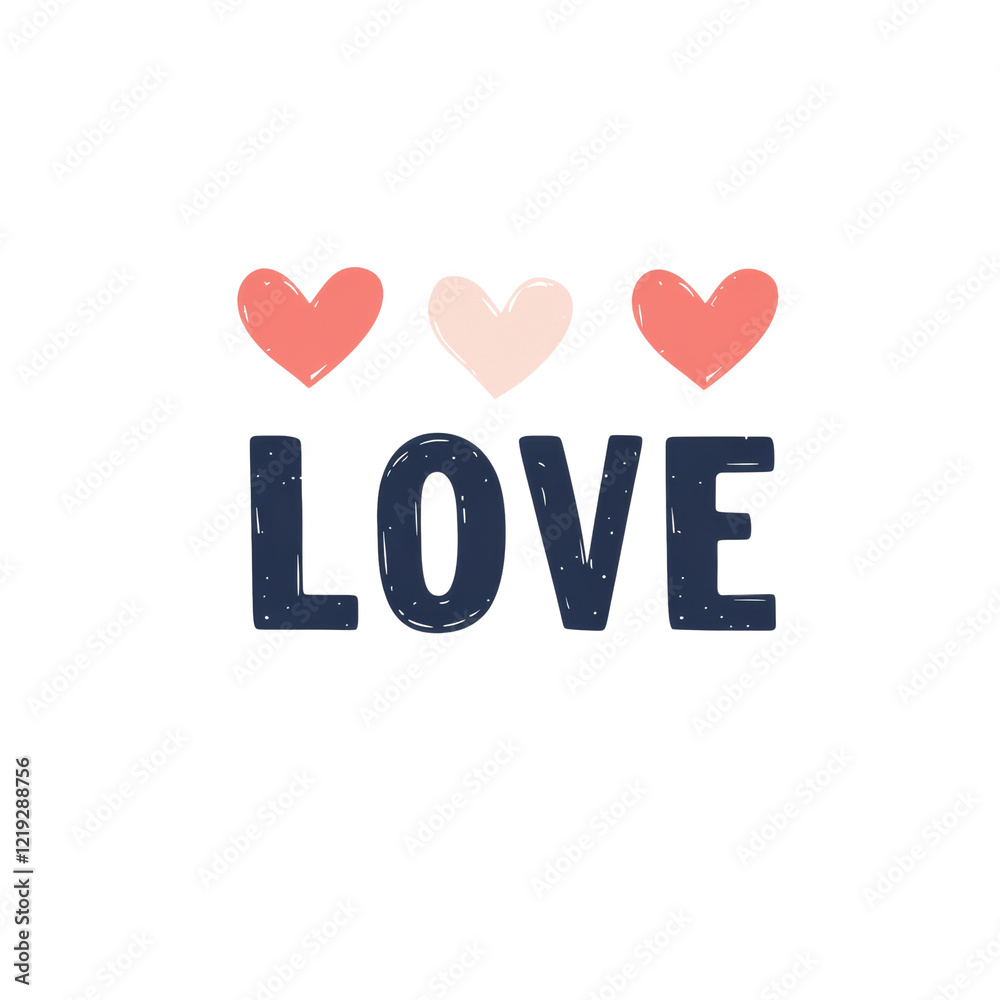 Poster a simple graphic design featuring three hearts above the word love in a dark blue color scheme.