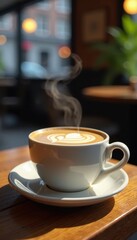 Steaming cappuccino in ceramic cup, wooden cafe table , brown, food photography, cup