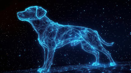 Glowing blue digital dog constellation, standing on dark background.