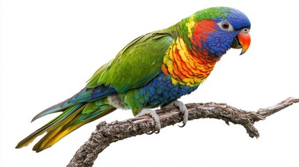 A colorful parrot perched on a tree branch, with its bright green, blue, and red feathers standing out, on a white isolated background