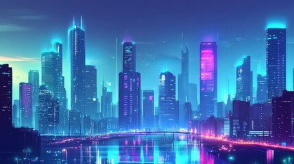 Obraz premium A futuristic cityscape in 2025, with smart buildings, illuminated structures, and green energy solutions.