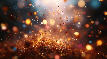 Obraz premium Close-up of a confetti burst, golden and multi-colored pieces flying, illuminated by warm, ambient light, creating a festive and joyful atmosphere