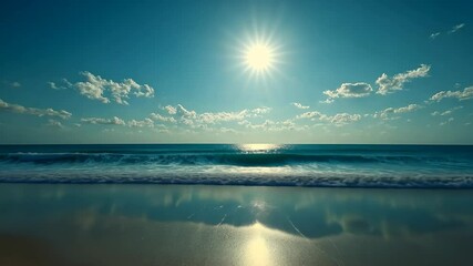 Capture of a serene beach at midday with bright sun reflecting on calm ocean waves