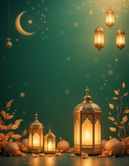 Obraz premium Elegant Ramadan Decoration with Golden Lanterns Moon and Stars on a Green Background. Islamic holiday celebration banner or cover