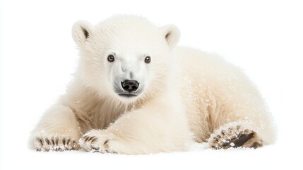Obraz premium A polar bear cub playing in the snow, with its fluffy white fur blending with the winter landscape, on a white isolated background