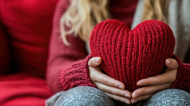 A woman's two hands cupping a glossy red heart, captured from a bird's-eye view, positioned on a clean, deep red background with soft lighting for a dramatic yet simple effect