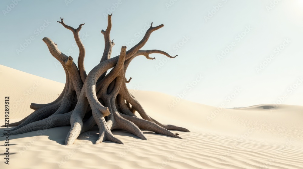 Aufkleber a weathered, gnarled tree trunk rests in the soft, undulating sand of a desolate desert landscape un