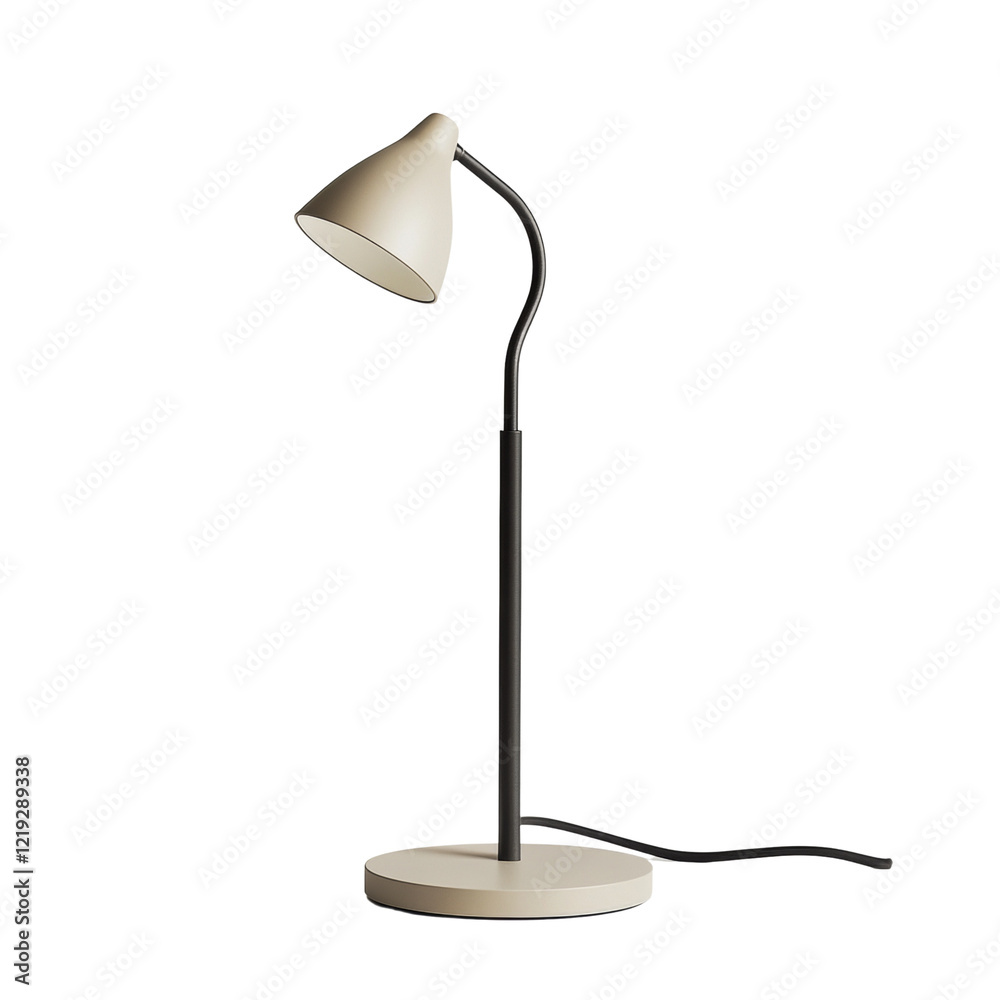 Poster a sleek modern desk lamp features a beige shade and a curved black metal arm on a beige base.