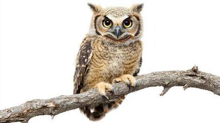 Naklejka premium A young owl perched on a branch in the forest, with its wide, yellow eyes staring into the camera, on a white isolated background