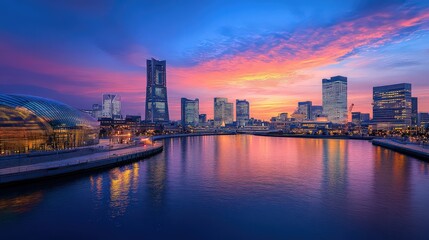 Obraz premium A futuristic skyline in Japan, with advanced smart buildings illuminated by eco-friendly lighting at dawn.