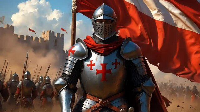 Heroic Medieval Knight Waving Flag on Historical Battlefield