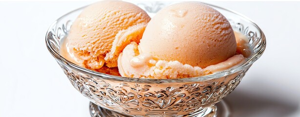 Delicious peach ice cream in a decorative glass bowl, perfect for summer treats and dessert celebrations.