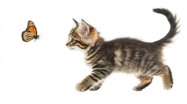 A playful kitten chasing a butterfly in a meadow, with its tail lifted in excitement, on a white isolated background