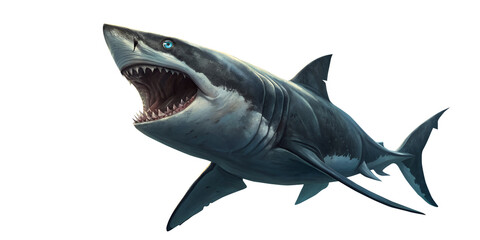 Fototapeta premium Great White Shark: A powerful great white shark, mouth agape, swims majestically through the water, showcasing its impressive size and sharp teeth in a detailed illustration.