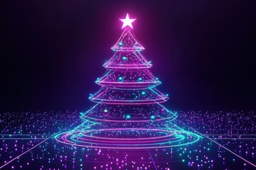 Futuristic neon christmas tree with glowing ornaments for holiday digital design . A beautifully decorated Christmas tree adorned with lights, set against a dark background,