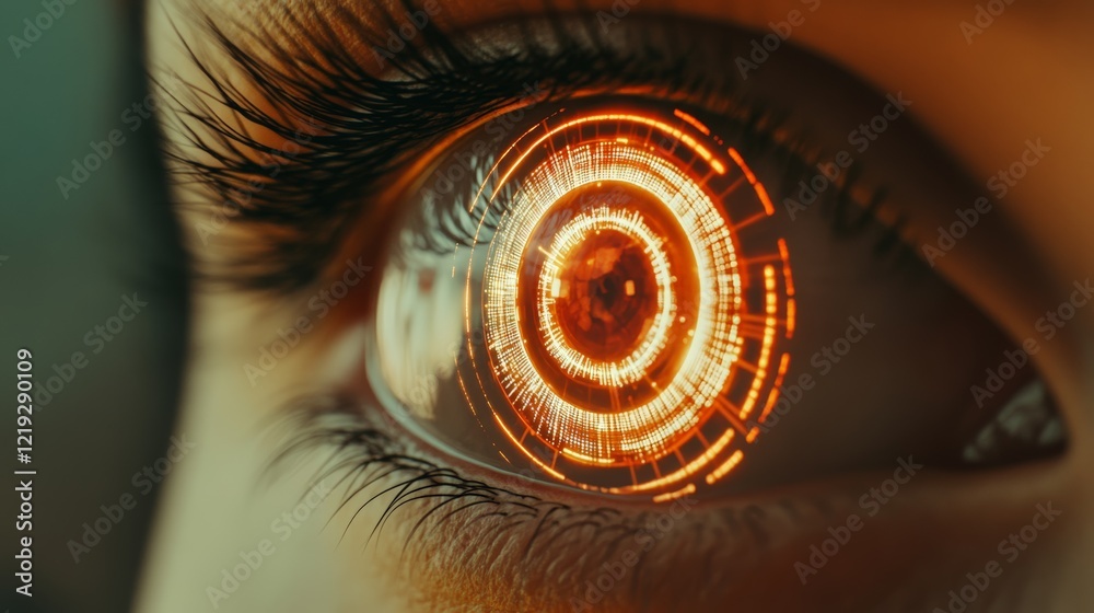 Poster Projecting an orange futuristic head up display - hud - onto a human eye, revealing data and information in a technological context of augmented reality and ocular implants
