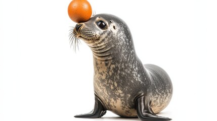 Fototapeta premium A young seal balancing a ball on its nose, with a playful expression, on a white isolated background