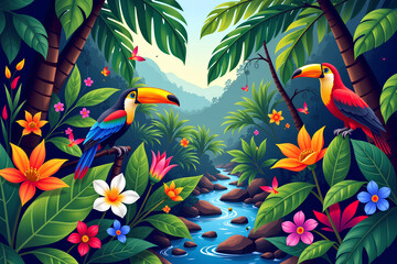 Vibrant Toucans in a Lush Tropical Forest Celebrating International Day of Forests with a River Flowing and Colorful Flowers