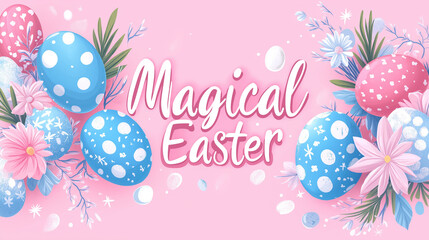 Easter eggs transform into vibrant spring flowers in a dreamlike illustration, capturing the essence of renewal and joy with a whimsical handwritten message celebrating the seasonal magic