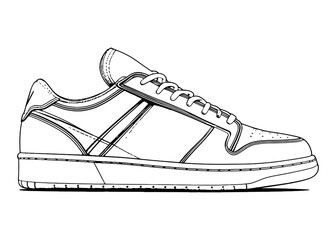 Shoes sneaker outline drawing vector, Sneakers drawn in a sketch style, black line sneaker trainers template outline, vector Illustration.snekar Drawn line art design.
