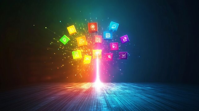 Branding concepts illustrated radiant colorful icons emerging from a luminous central point designed on a clean minimalist backdrop for clarity and focus