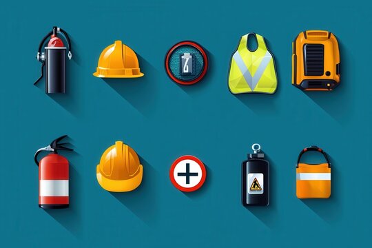 Icons illustrating safety protocols, such as helmets, reflective vests, and fire extinguishers