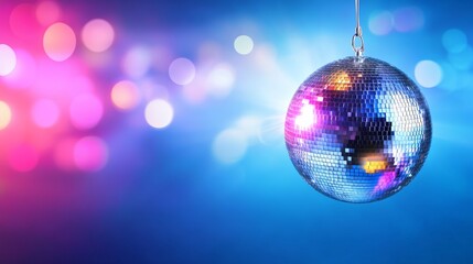 Sparkling disco ball hanging in a vibrant party atmosphere, reflecting colorful bokeh lights, creating a festive mood perfect for celebrating special occasions and joyful events