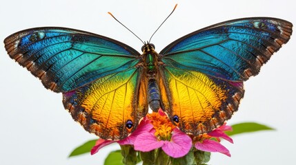 Fototapeta premium A colorful butterfly landing on a flower, with its wings spread wide, on a white isolated background