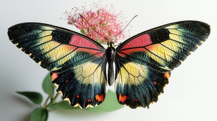 A colorful butterfly landing on a flower, with its wings spread wide, on a white isolated background