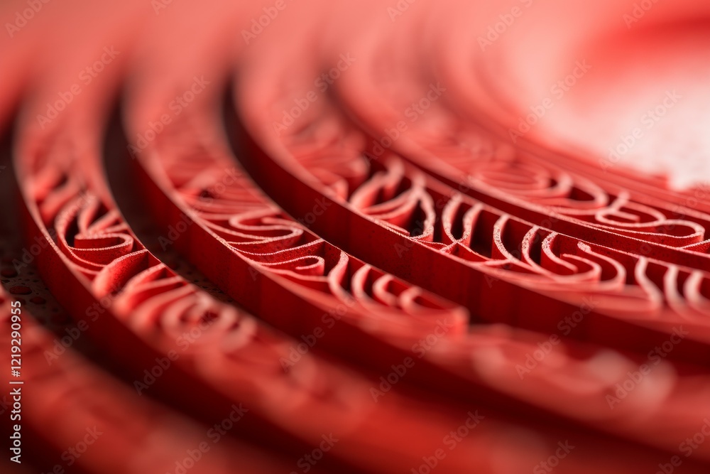 Poster close up of a red wavy pattern forming concentric circles with intricate details, creating a visuall