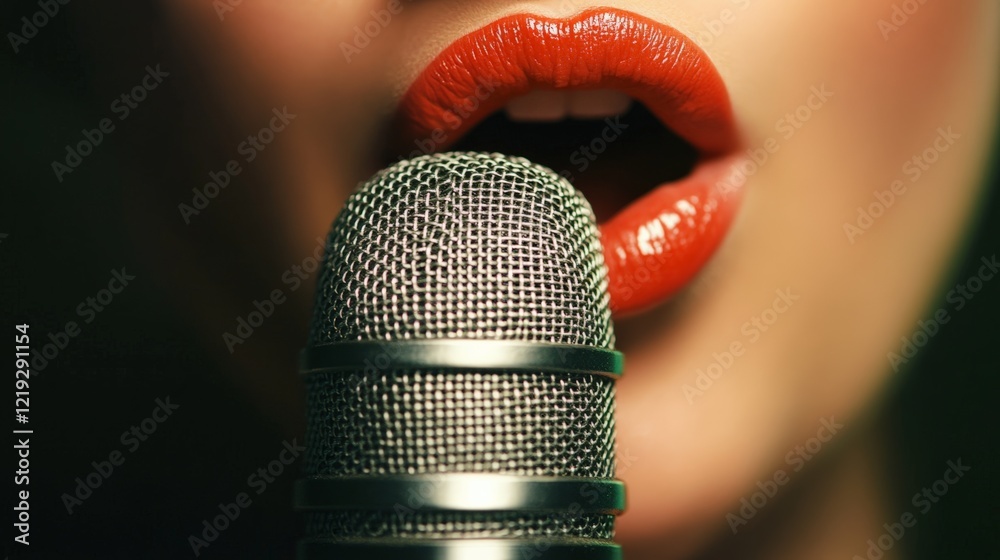 Poster close up of a singer's red lips singing into a microphone during a live performance, emphasizing the