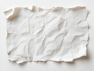 Crumpled white paper with torn edges on a white background. Textured and wrinkled surface creating a minimalist and natural design, perfect for abstract backgrounds, art concepts