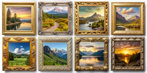 Fototapeta premium Rectangle Frame Borders Set: 7 Elegant Gold & Silver Decorative Photo Frames for Landscape Images