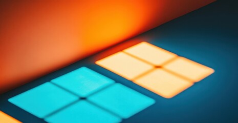 Color gradient background, orange and blue, blurred, minimalist, detailed, flat lay, top view, light and shadow, grainy, warm tone, blurry
