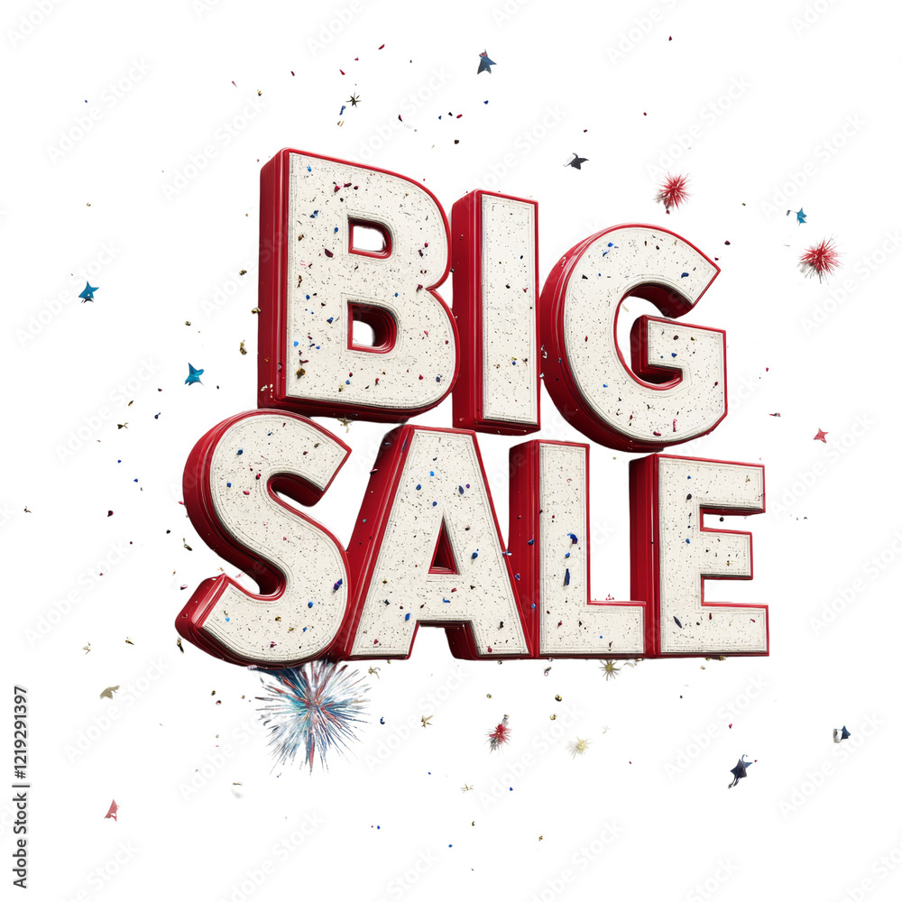 Poster A 3D rendered image showcases a big sale announcement with colorful confetti and fireworks exploding around it.