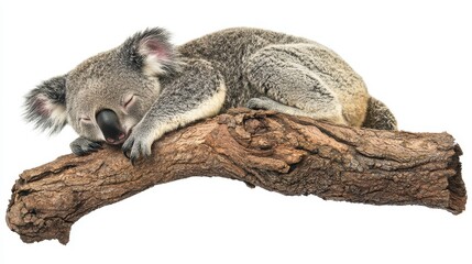 A sleepy koala curled up on a tree branch, with its eyes closed, on a white isolated background