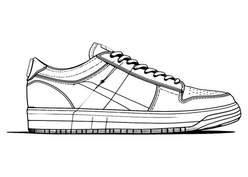 Shoes sneaker outline drawing vector, Sneakers drawn in a sketch style, black line sneaker trainers template outline, vector Illustration.snekar Drawn line art design.
