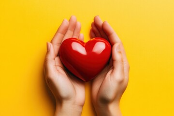 Hands Cradling a Bright Red Heart on a Yellow Background