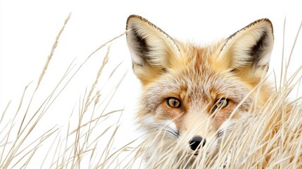 Fototapeta premium A fox peering through tall grass with alert eyes, its red fur glowing in the sunlight, on a white background