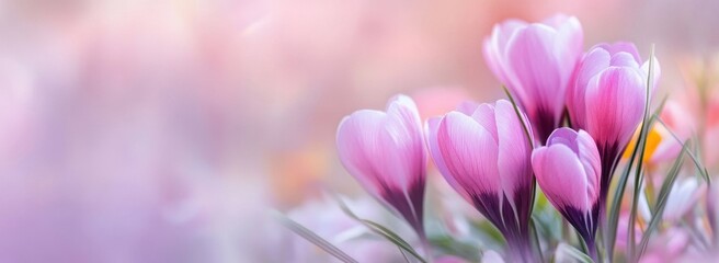 Fototapeta premium Colorful spring flowers background banner with copy space, in pastel colors of pink and purple, yellow and white, delicate and dreamy, depicting a floral field with detailed and soft-focus